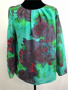 J.Crew 100% Silk Watercolor Floral Blouse Size 8 Green Floral 3/4 Sleeve